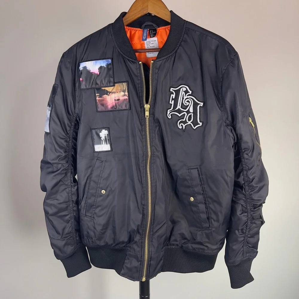 HM Divided Mens LA Patch Bomber Jacket Black Orange Lining Medium Streetwear MA1